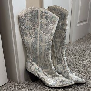 Elegant Silver Embellished Cowgirl Boots